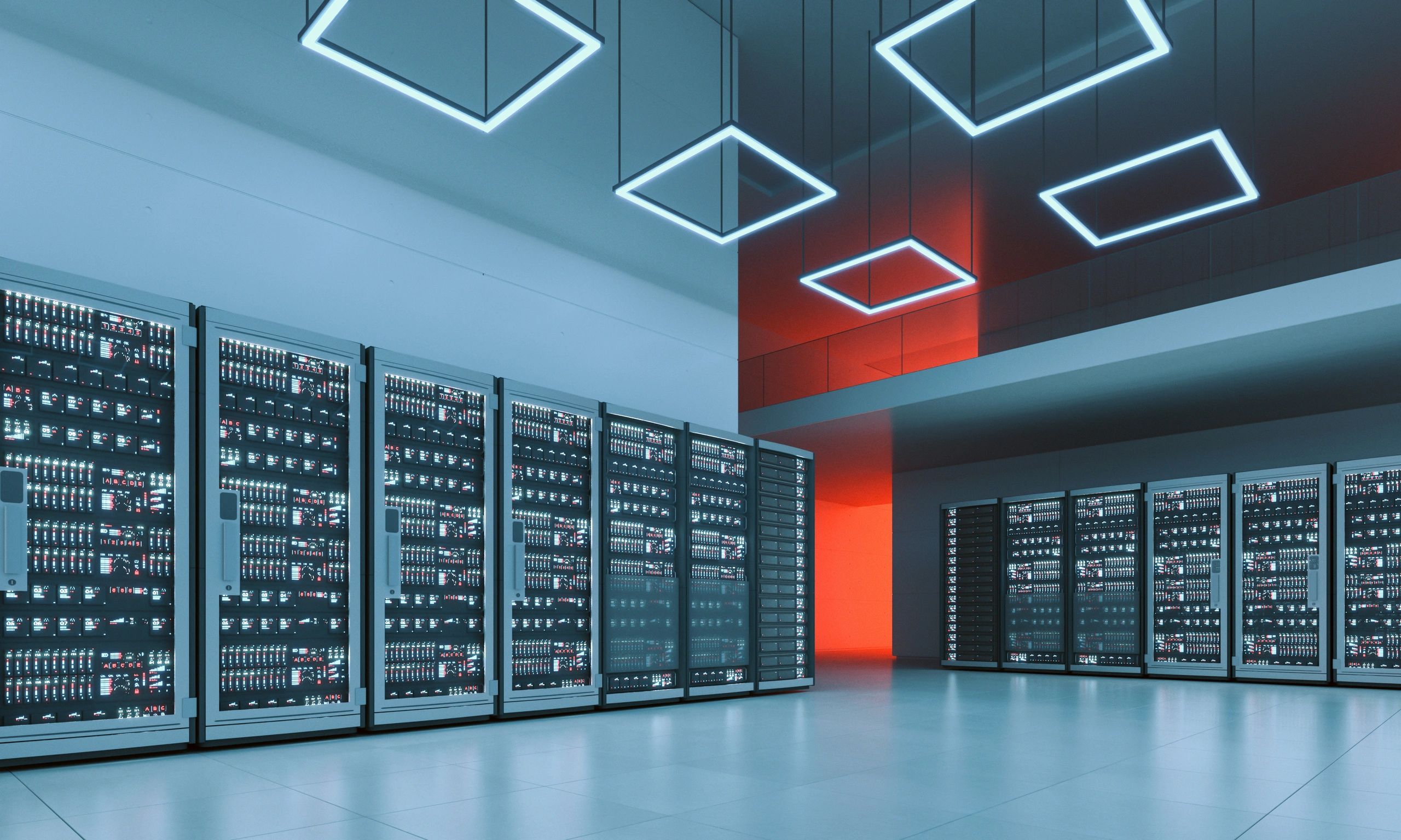 Modern data center corridor representing secure, scalable platform operations